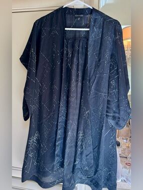 Eileen Fisher Black Open-Front Kimono with Subtle White Geometric Detail